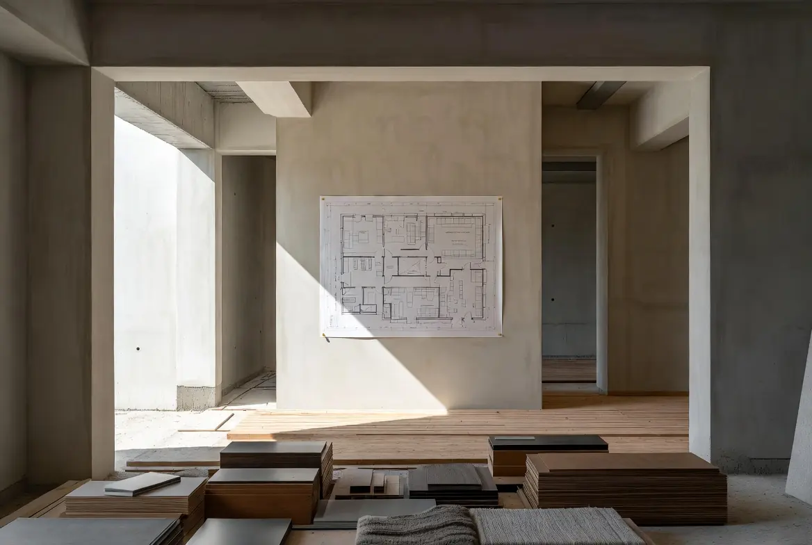 Plan du projet affiché au mur d'un chantier, matériaux rangés au sol